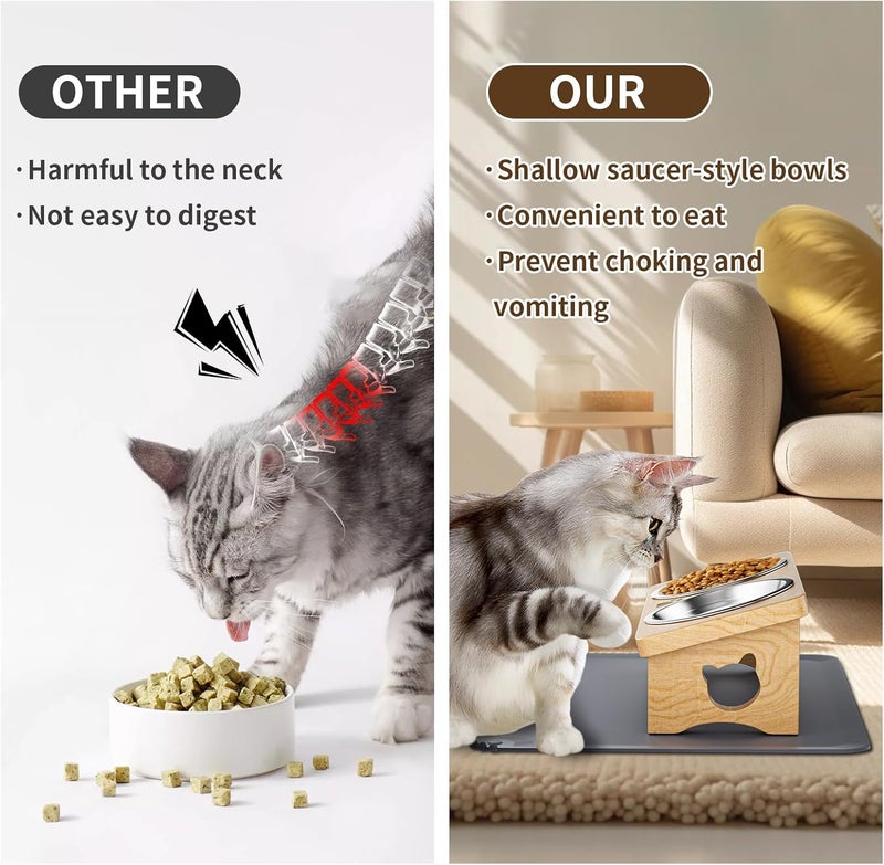 INNVVIS Elevated Cat Bowls with Silicone Mat, 15° Tilted Solid Wood Stand, Raised Stainless Steel Food & Water Dishes for Cats and Small Dogs, Anti-Vomiting Design(Natural) - Image 3